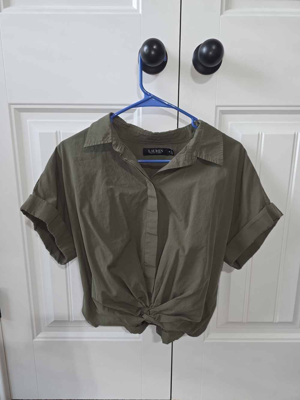 Ralph Lauren Olive Tie-Front Short Sleeve Button Down